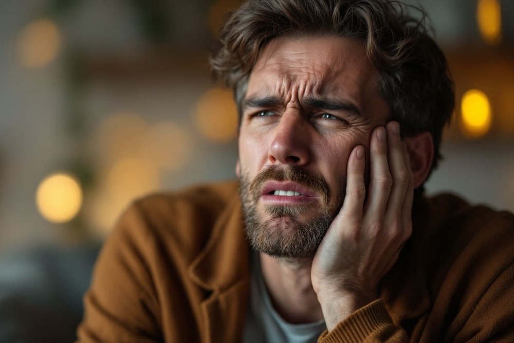 hombre con gesto de dolor en la cara en ambiente interior con fondo desenfocado
