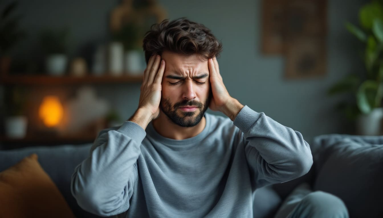 hombre con manos en cabeza expresando dolor o estres en salon con luz suave