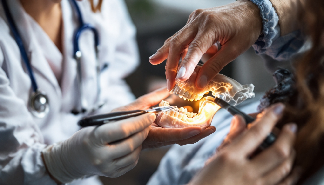 A photograph of a healthcare professional examining a patient's jaw or performing a dental assessment